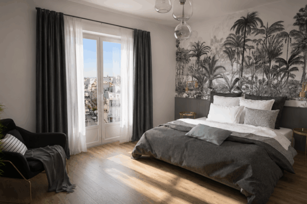 Visuel 3D d’une chambre parentale moderne conçu par une architecte d’intérieur près de Rennes.