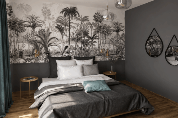 Chambre parentale moderne avec décoration anthracite, noir et touches de laiton au Rheu près de Rennes.