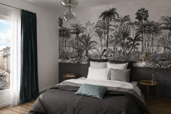 Papier peint décoratif Isidore Leroy dans une chambre contemporaine près de Rennes.