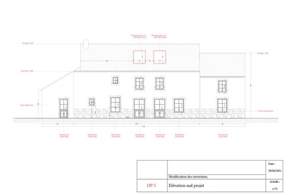 Plan de façade existante avant travaux pour dossier de déclaration préalable