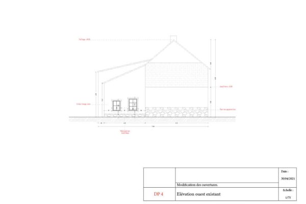 Plan architectural de façade après création d’ouverture et remplacement de Velux