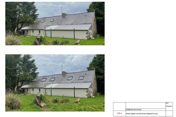 Projection 3D de la façade rénovée avec nouvelle ouverture et Velux remplacés à Trégrom